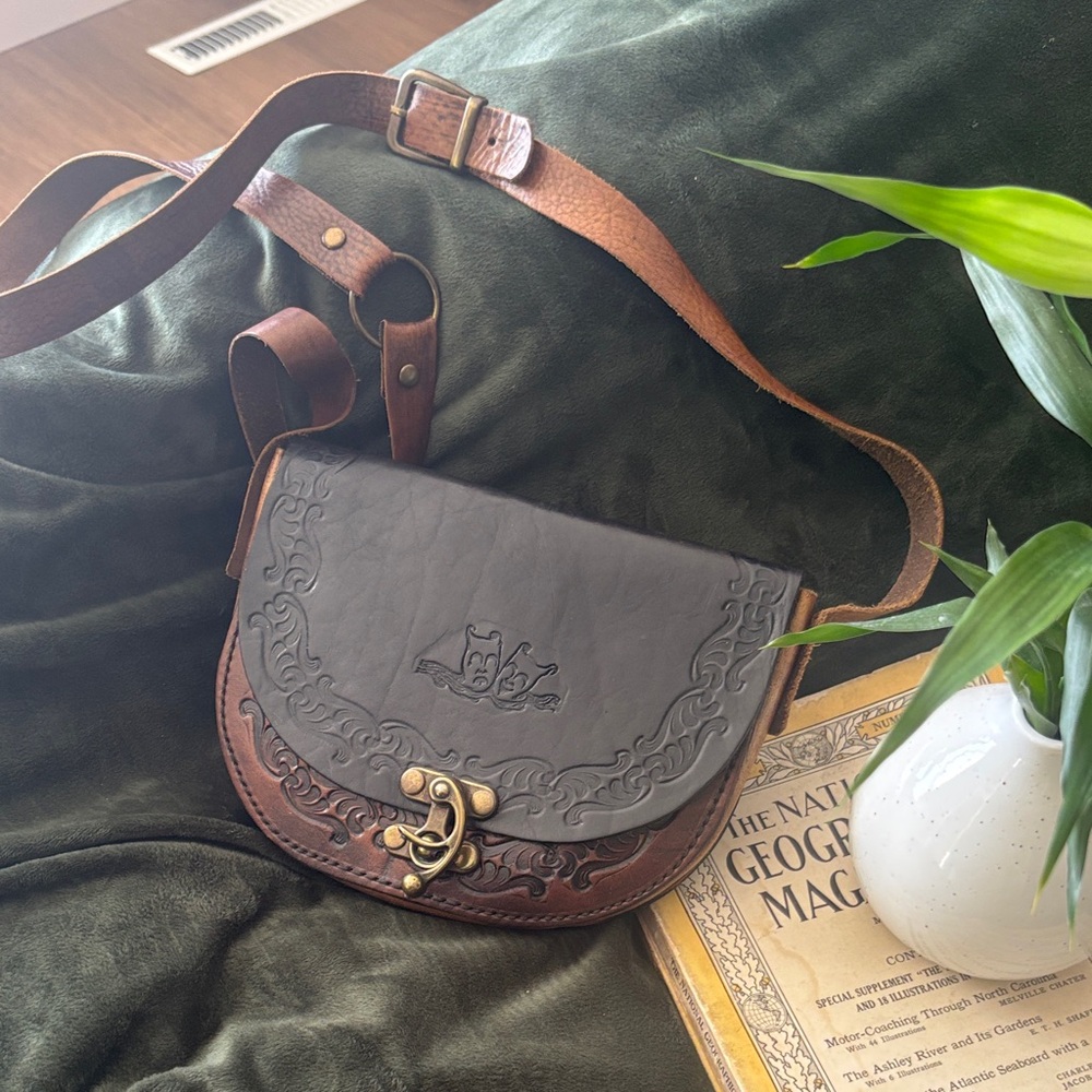 Steampunk style tooled Leather Crossbody Bag. Comedy Tragedy mask 🎭